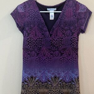 Elegant Short Sleeve Top with Purple and Blue Patterns